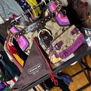 NWOT multicolor suede Coach purse and matching wristlet WITH dustbag
